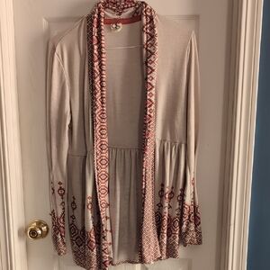 Anthropologie Beige and Red Patterned Cardigan